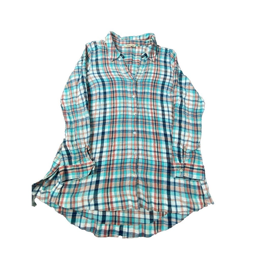 Soft Surroundings Flannel Tunic Womens Medium Blue Plaid Shirt Button Front Flow